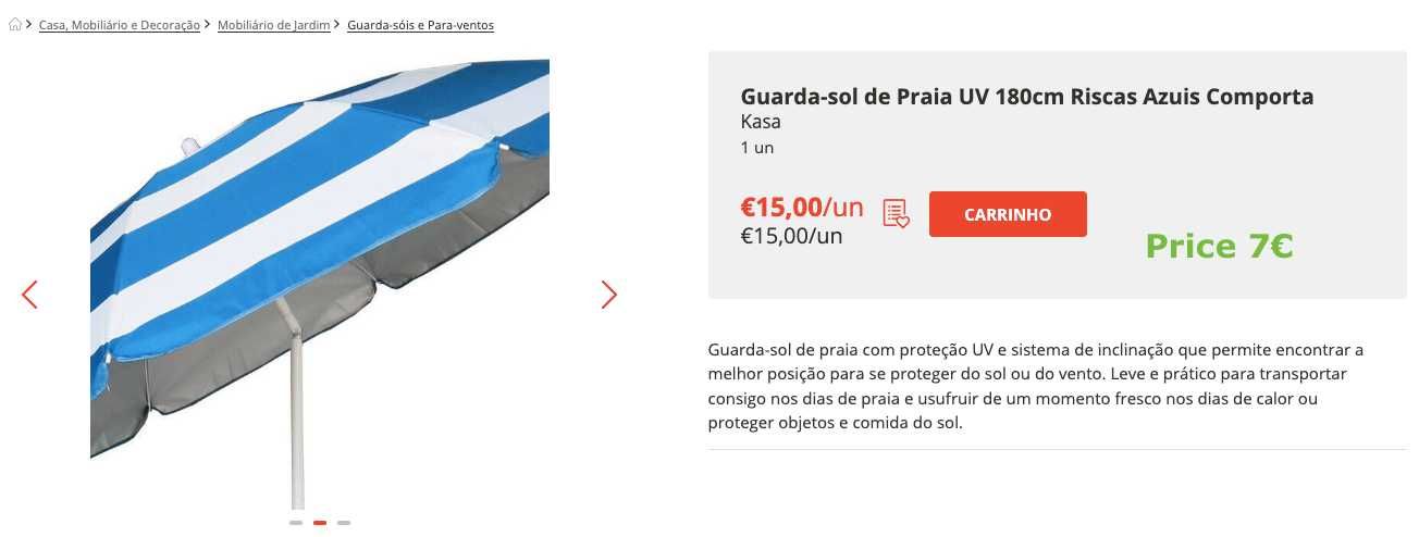 Guarda-Sol de Praia UV 180cm KASA, usado uma vez