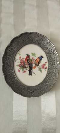 Vintage porcelanowa ozdoba ścienna  w cynie ptaki