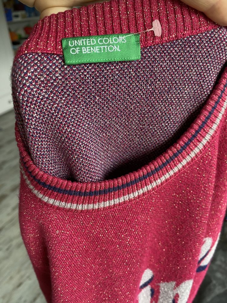Benetton sweterek swetr ze złota nitka pink fuksja roz XS 34 S 36 M 38