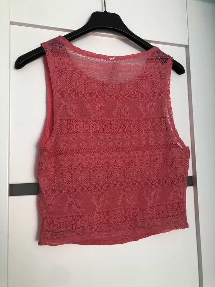 Różowy letni top - crop top - plecy koronkowe - XS/S/M