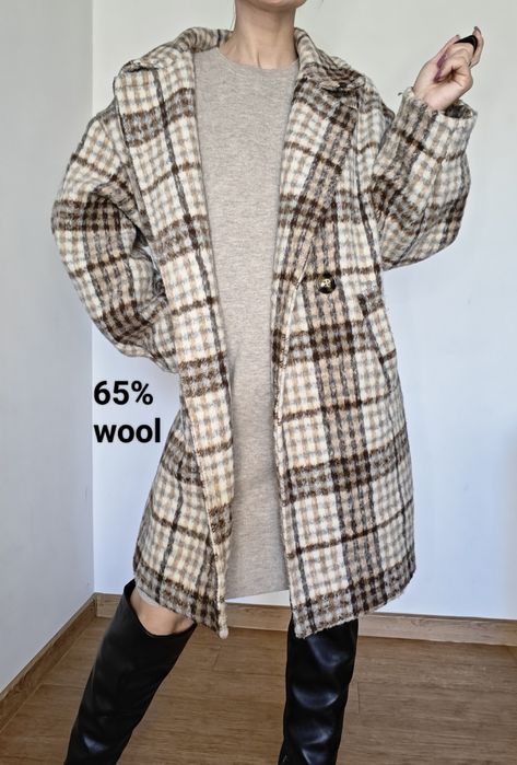 Płaszcz italy wełniany wełna oversize krata jesienny zimowy ciepły