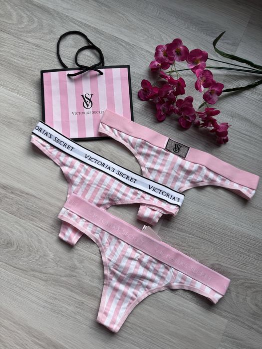 Zestaw bawełniane stringi w paski z logowaną gumą Victoria’s Secret