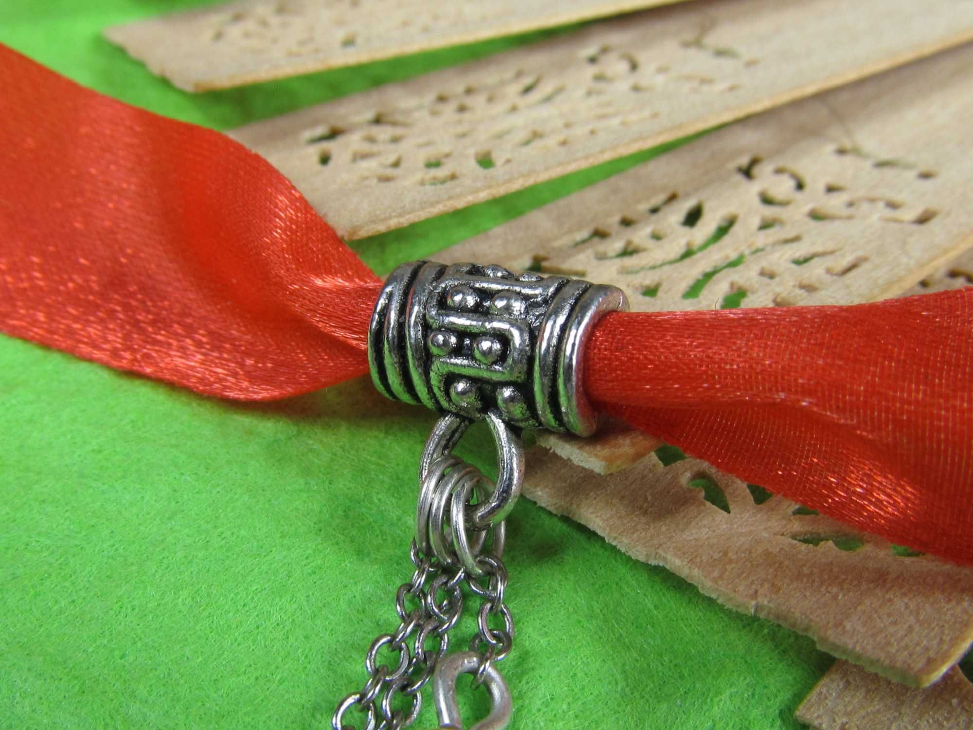 Naszyjnik choker złoty czerwony bordowy wstążka koraliki eko handmade