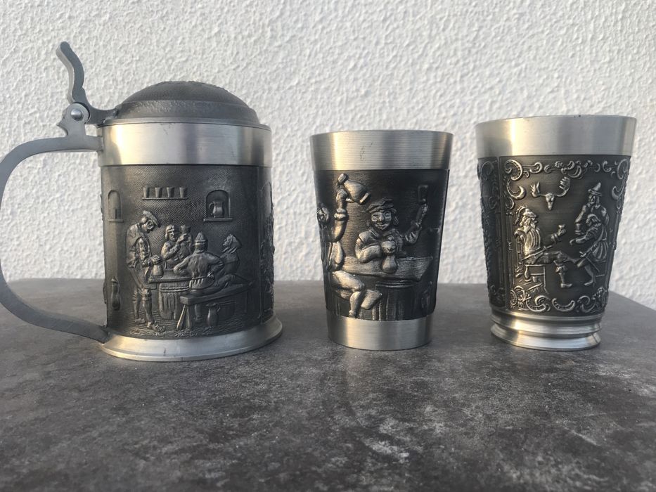 Copos e Caneca em Estanho Alemão “Rein Zinn” — Conjunto Vintage
