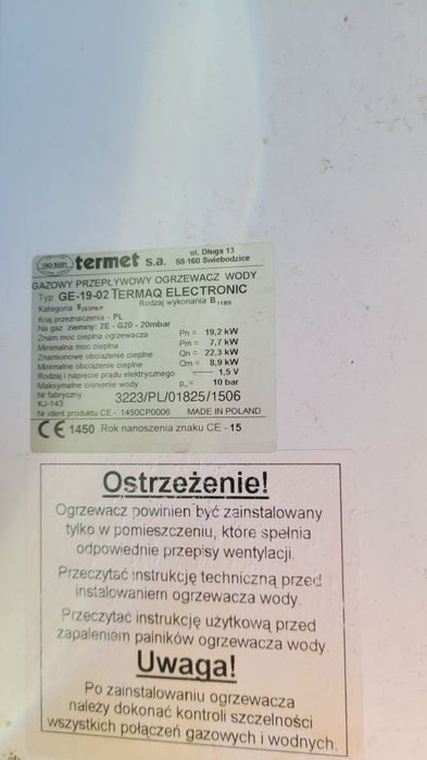 Piecyk gazowy Termet Termaq electronica na gaz ziemny.