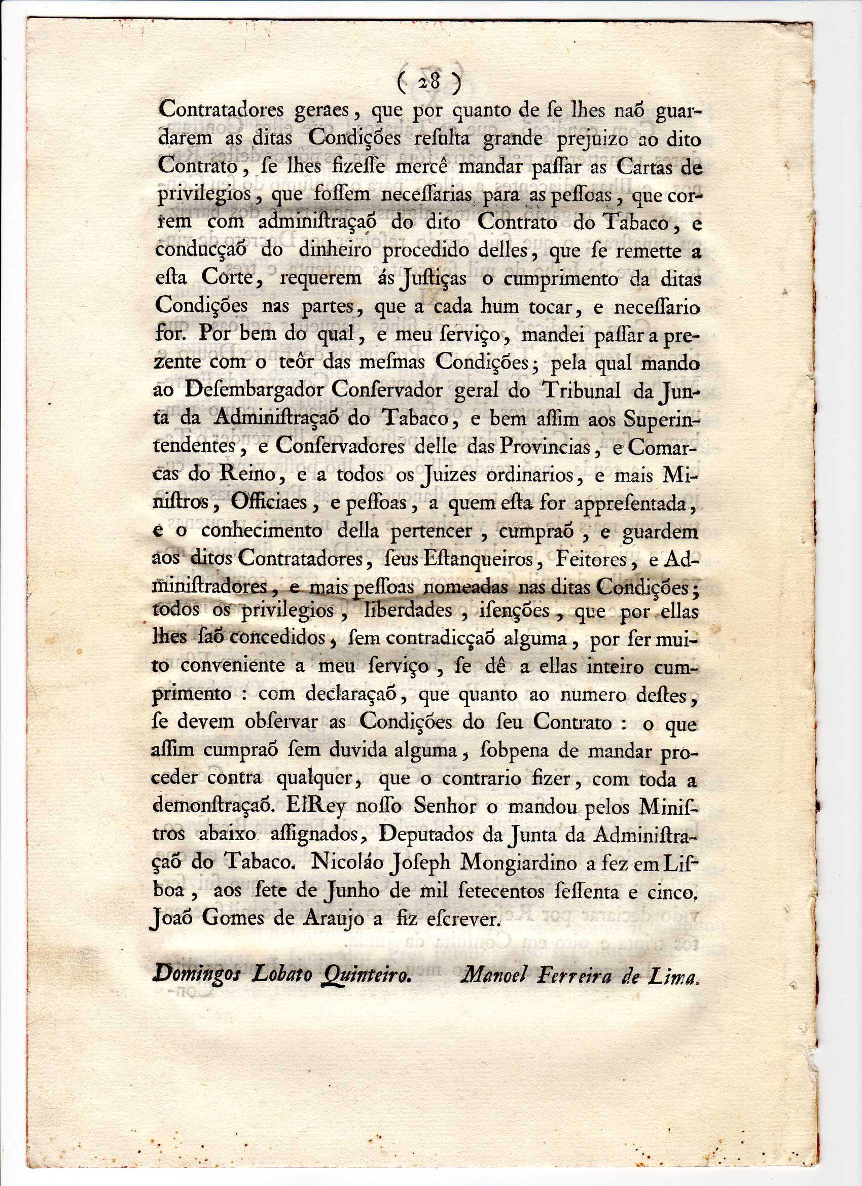 Carta dos Privilégios do Contrato Geral do Tabaco - 1765
