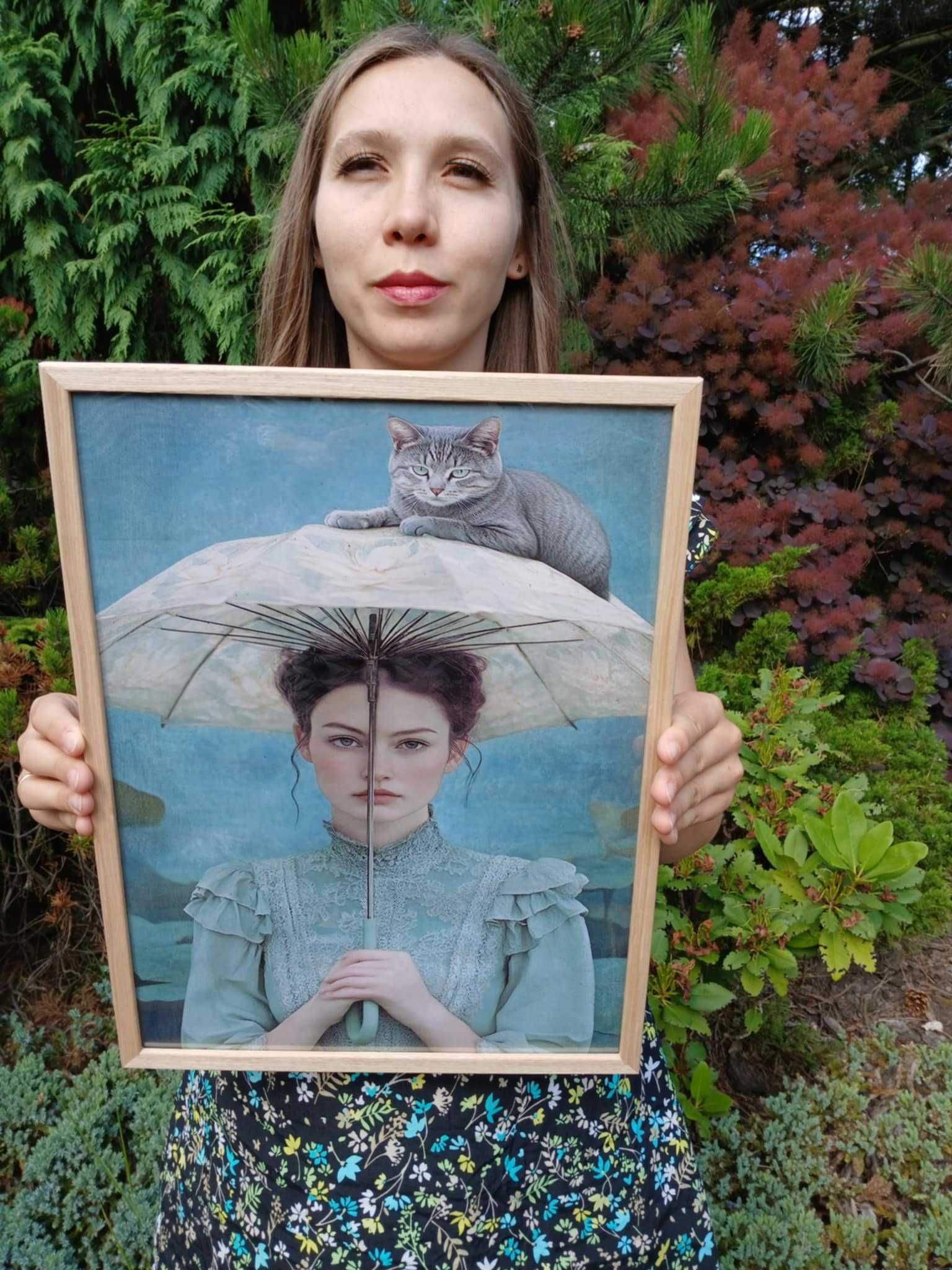 Obraz reprodukcja druk na płótnie Kobieta z kotem w ramie 30x40
