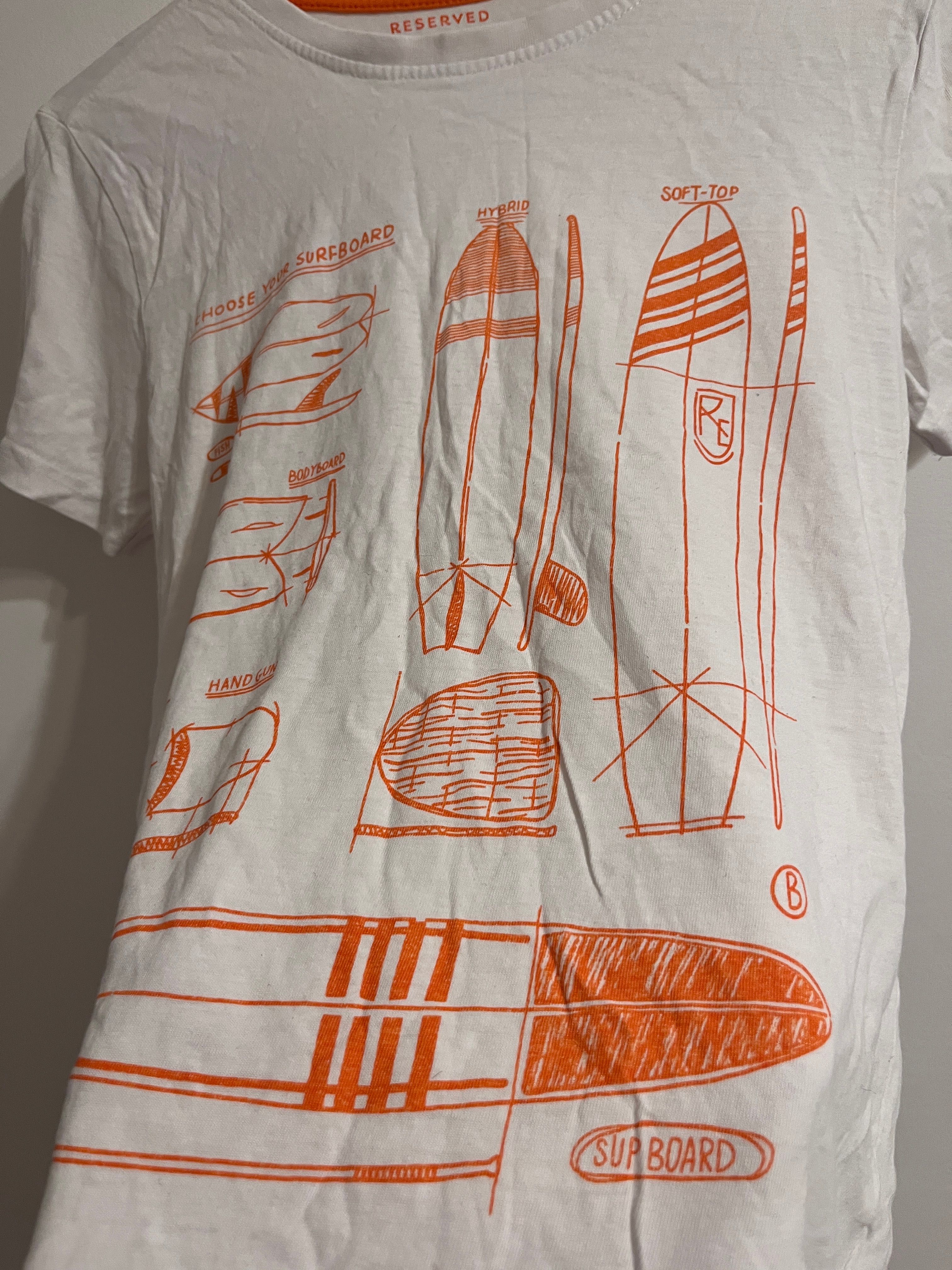 Biała koszulka tshirt pomarańczowy nadruk deska Reserved 146cm