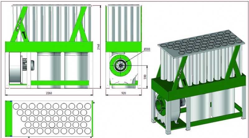 Odciąg trocin pyłów pochłaniacz wiórów 8900m3 7,5kW 45 filtrów 3kPa