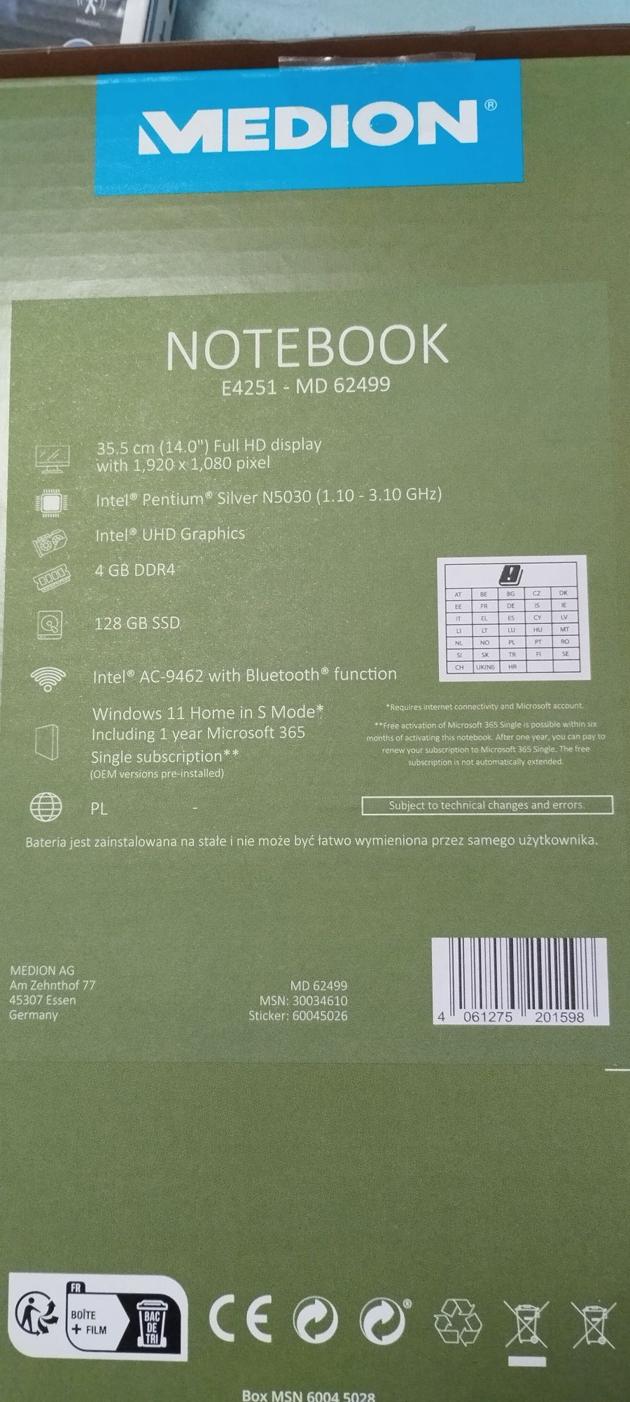 Laptop Medion E4251 - MD 62499 NOWY Windows 11 Pentium 4 rdzenie