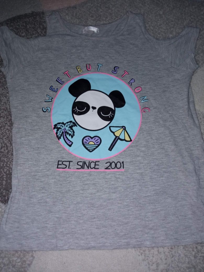 Szara bluzka T-shirt z panda r. 140-146