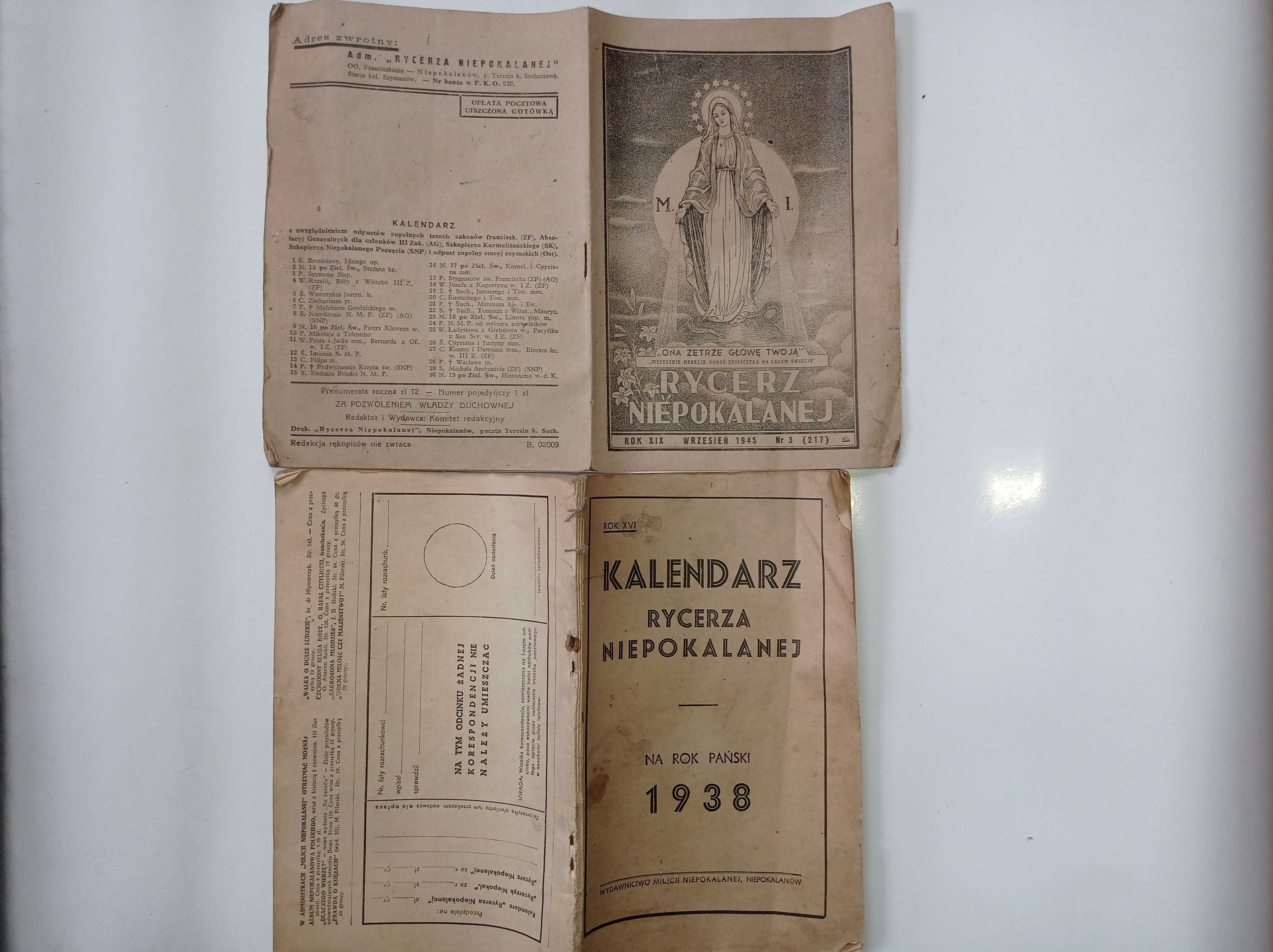 Kalendarz Rycerza Niepokalanej 1938 + Rycerz Niepokalanej 1945