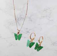 Zestaw biżuterii łańcuszek i kolczyki motylki zielone