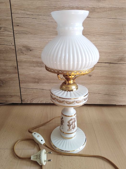 Lampa grecka biała złota nocna stołowa szkło klosz