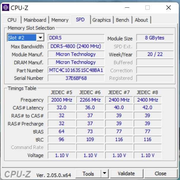 DDR5-4800 (2400 MHz) 2x8GB Micron