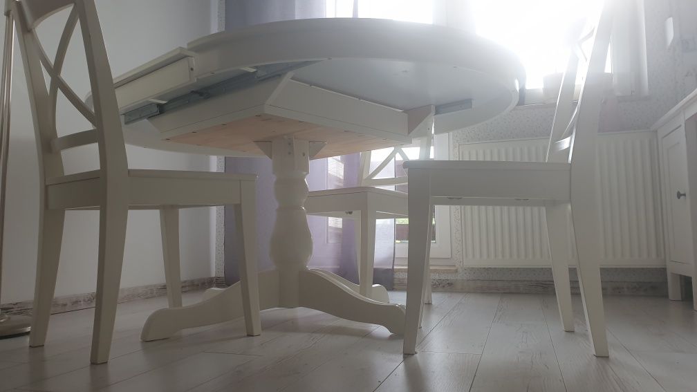 Stół okrągły rozkładany bialy IKEA Ingatorp śr. 110cm + 3 krzesła