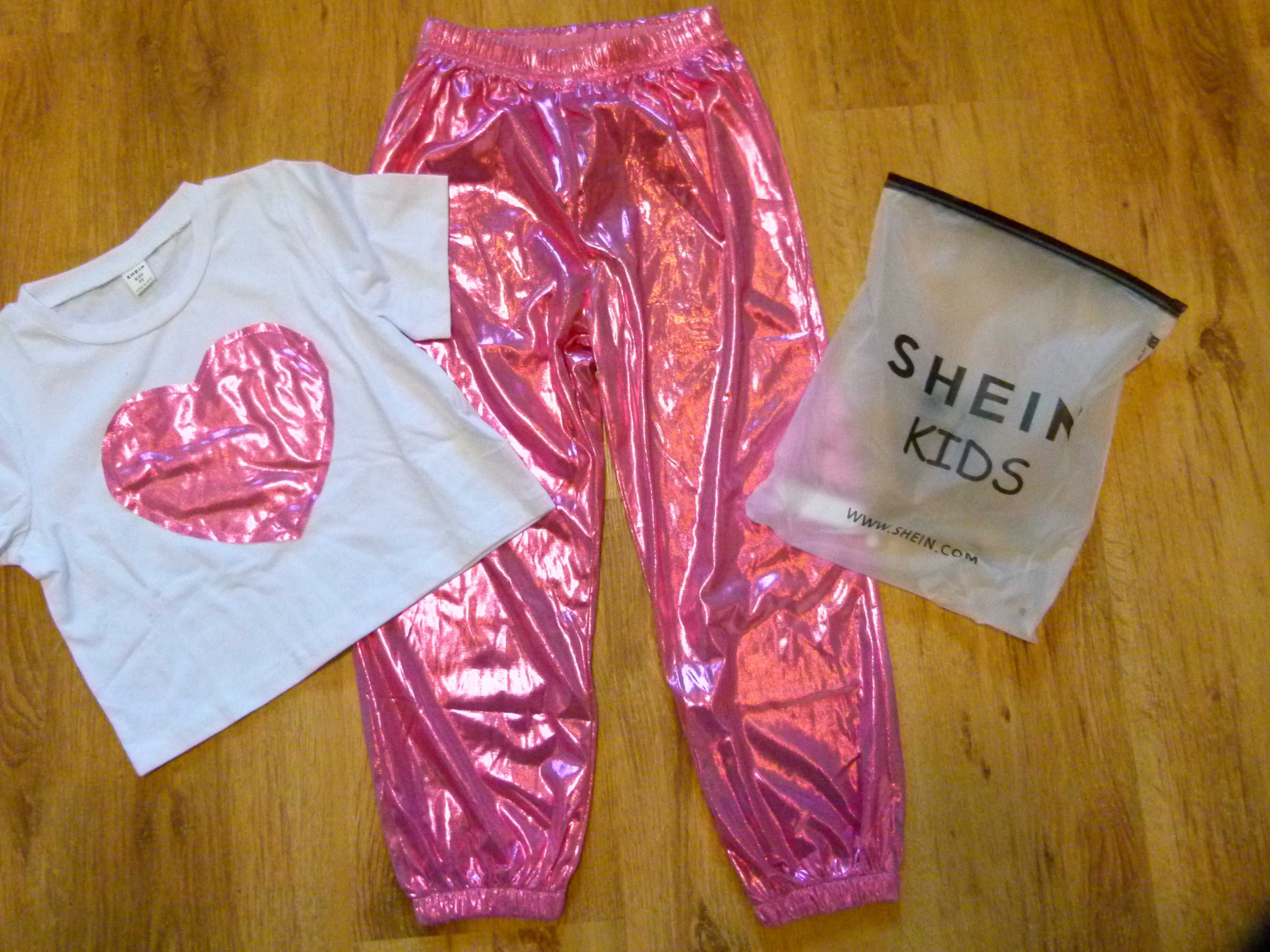 rozm 122 Nowy Shein komplet spodnie świecące różowe i koszulka
