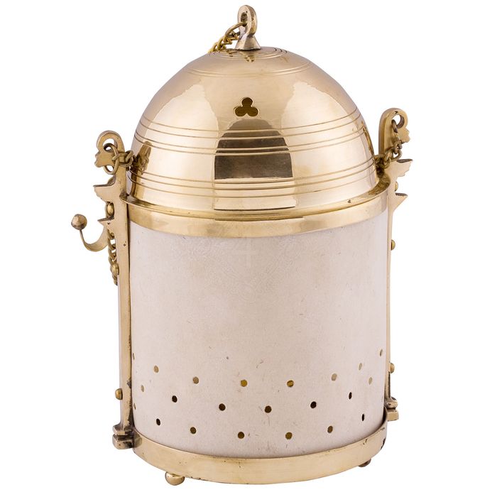 Latarnia rzymska, mosiądz i surowa skóra (pergamin)