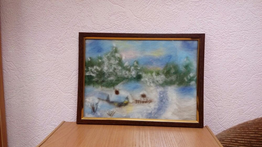 Картина из шерсти. Зимний пейзаж. Подарок на Новый год. Снегири