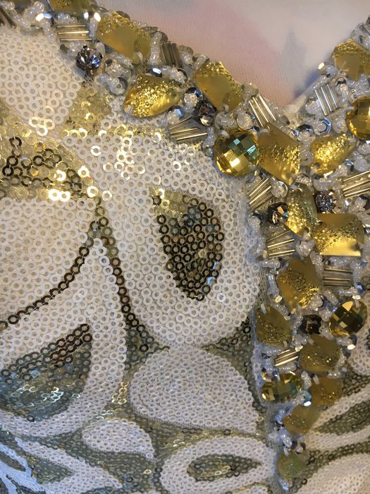 Suknia długa, wieczorowa, cekiny biało-złote, 38/40; używana