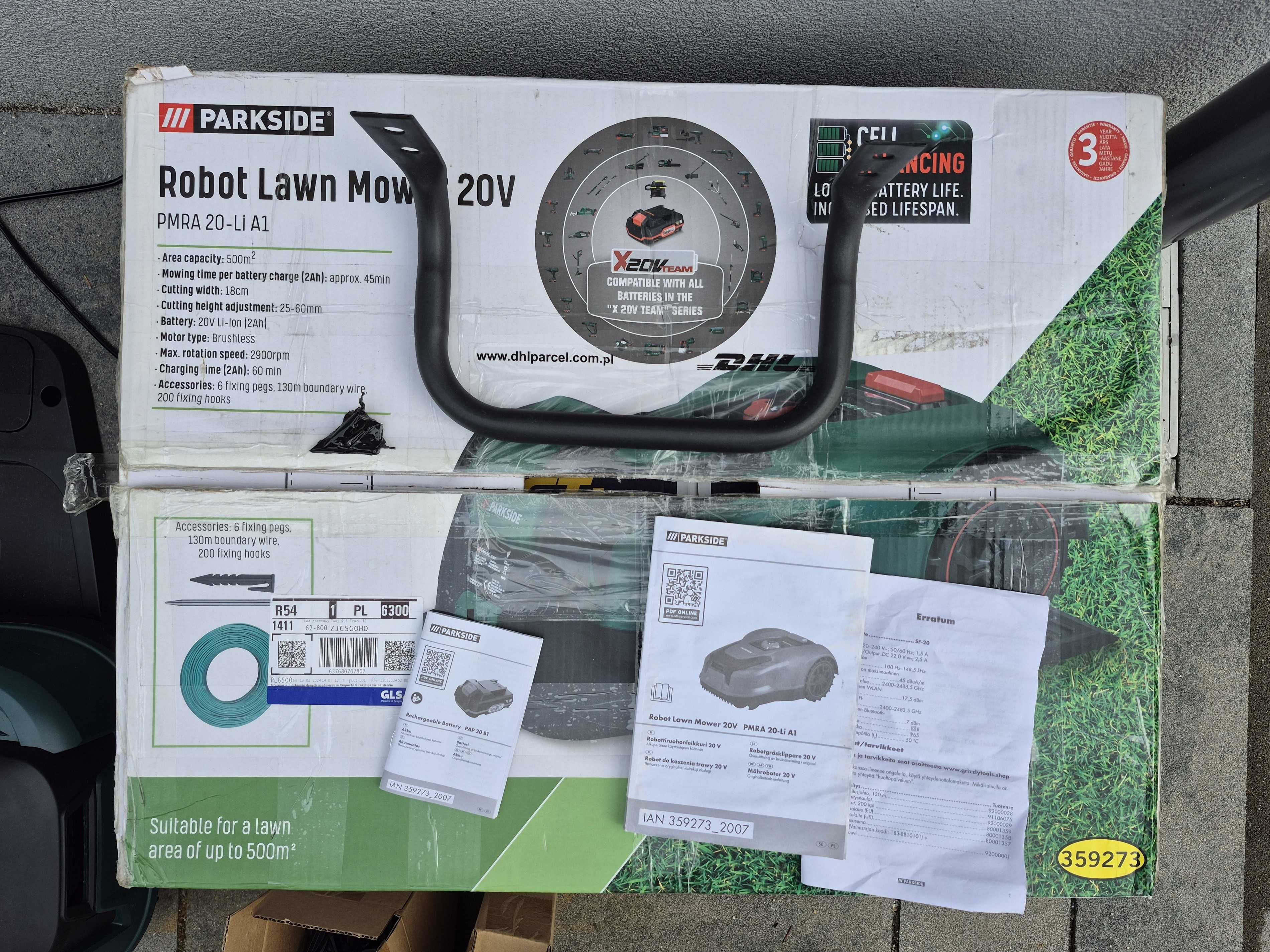 Nowy robot koszący Parkside PMRA 20-Li A1 | faktura | czujnik deszczu