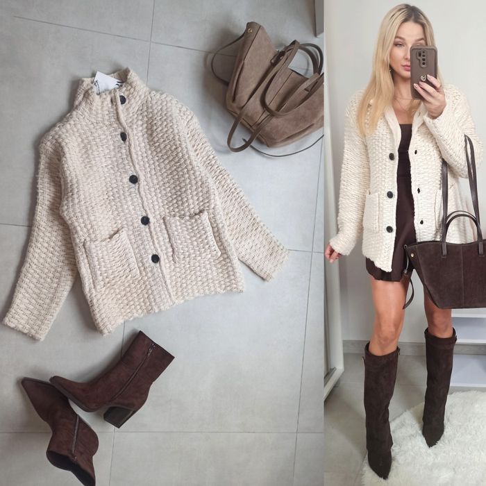 Zara sweter kardigan gruby splot s 36 kremowy