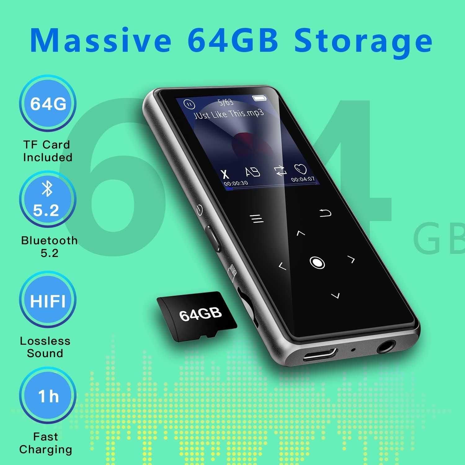 Odtwarzacz MP3 64 GB z Bluetooth 5.2, AiMoonsa 	B27 czarny.