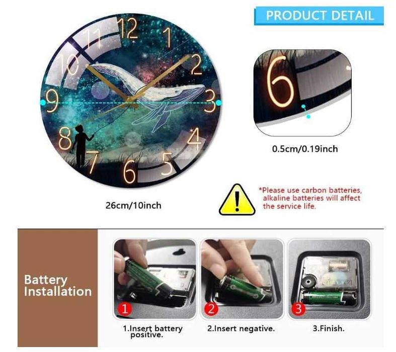 Cichy zegar ścienny, szklany, okrągły 26cm wzór wieloryb Cooltto