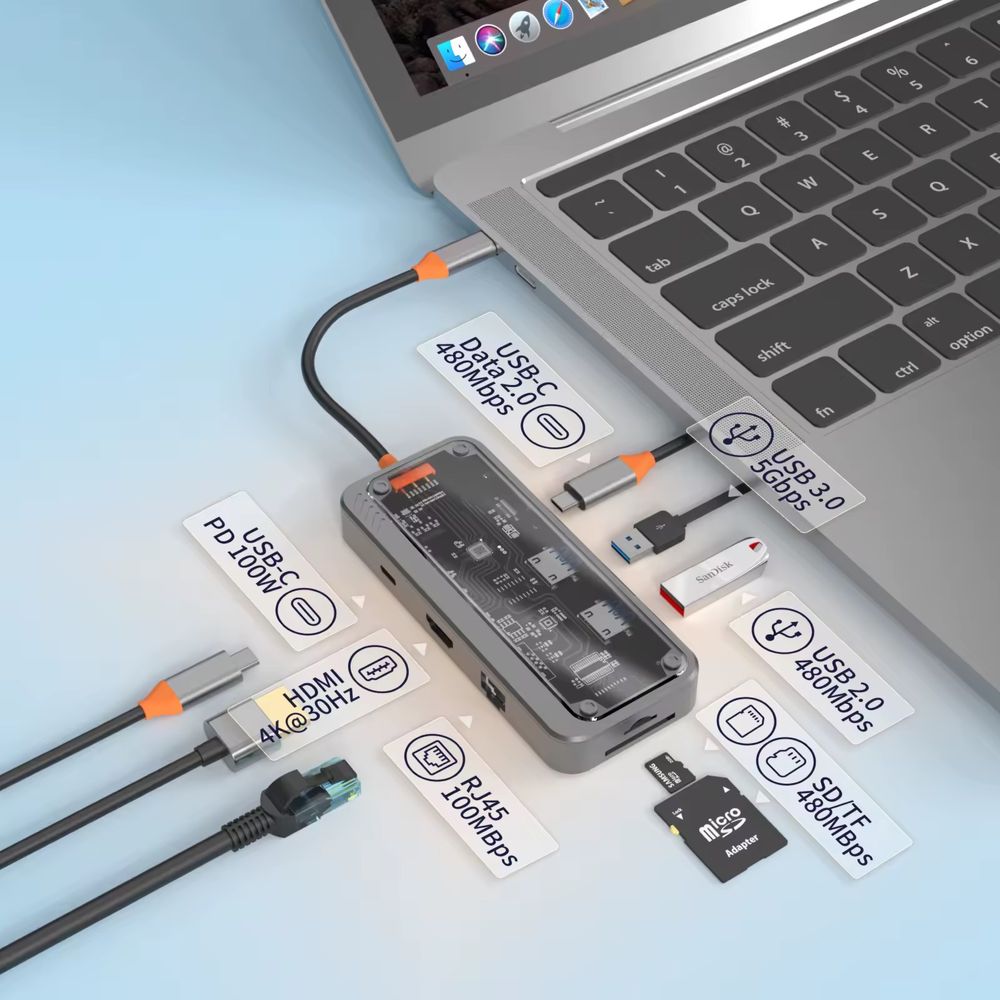 Хаб перехідник Basix SW8V ( Asometech ) USB C 3.0 Hub 100W Док станція