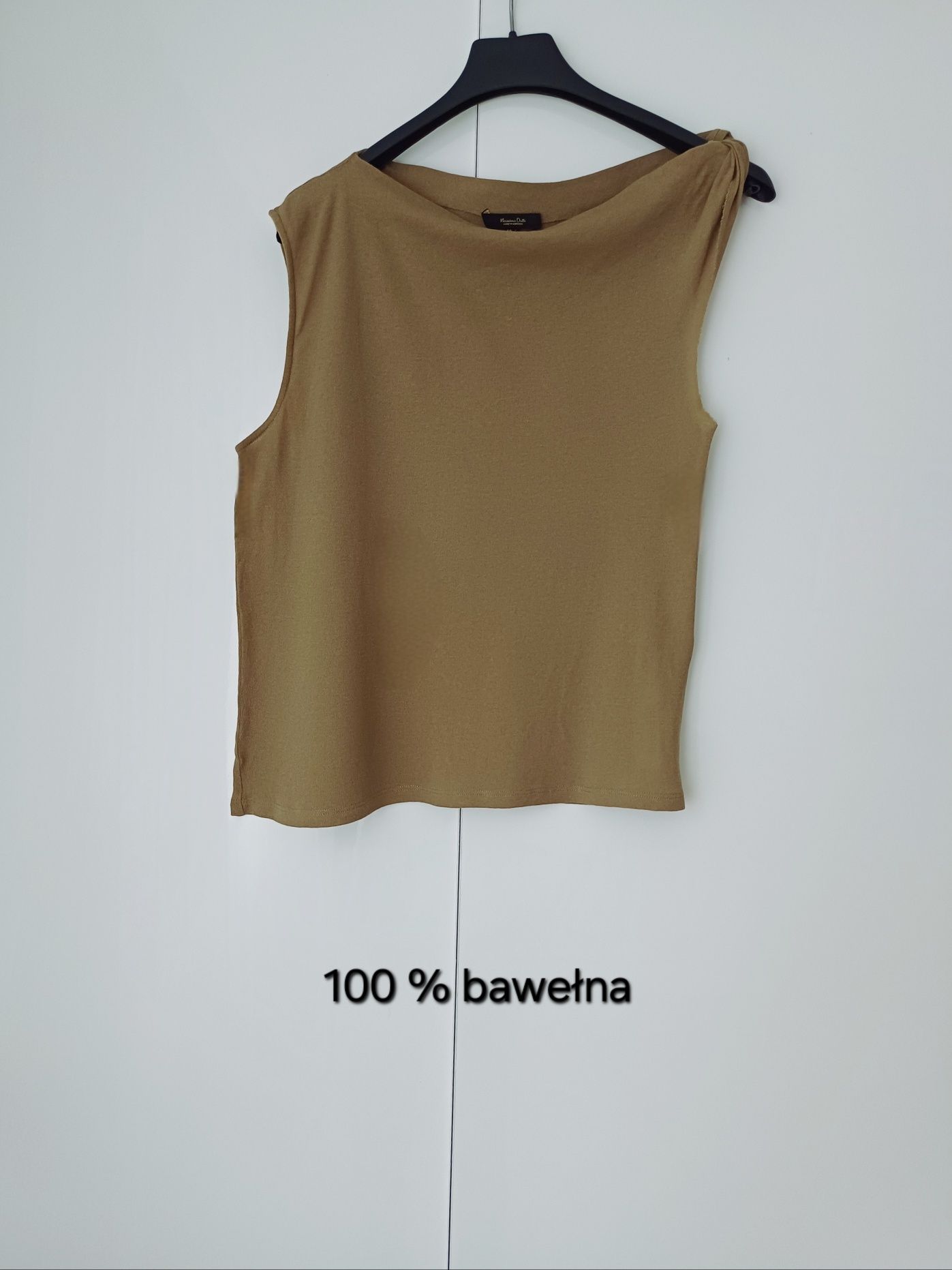 Massimo Dutti asymetryczny top z drapowaniem oliwkowy bawełna bluzka