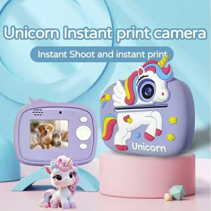 ХИТ! Детский фотоаппарат-принтер с печатью фото Единорог фиолетовый