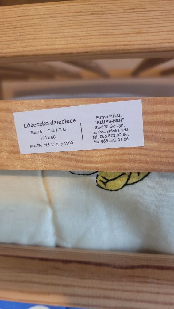 Łóżeczko dla dziecka KLUPŚ-HEN RADEK drewniane + materac+ szuflada
