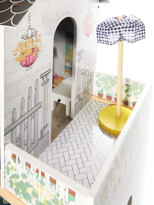 Wielki drewniany Domek dla lalek + 2 Lalki mebelki 122cm Oświetlenie
