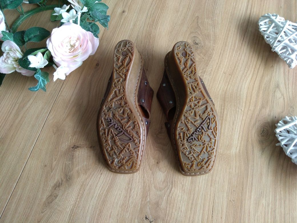 Clarks skórzane klapki 39 drewniaki boho etno folk