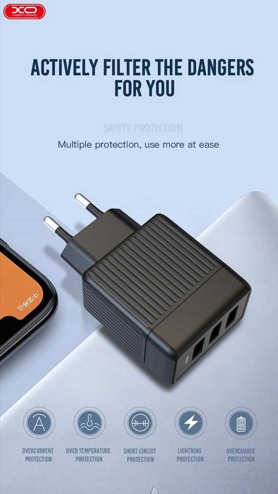 XO L58 - szybka ładowarka sieciowa - 3xUSB, QC 3.0, 3A, 18W + kable