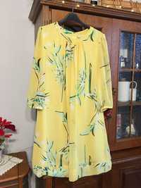Letnia żółta sukienka midi trapez mgiełka Eva Mendes New York&Company