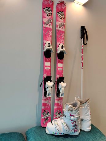 Narty 110 różowe buty rossignol 265 mm 225, kijki narciarskie zestaw