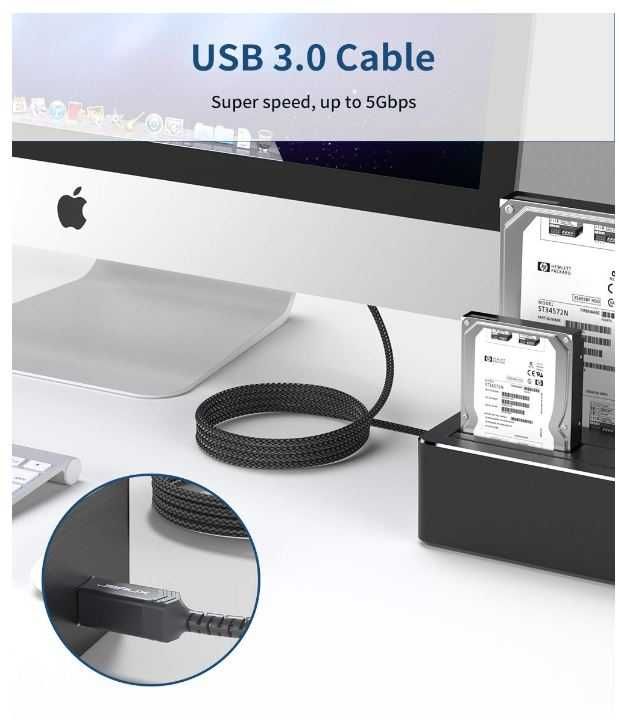 Kabel USB B na USB A JSAUX 2m w oplocie kolor szary
