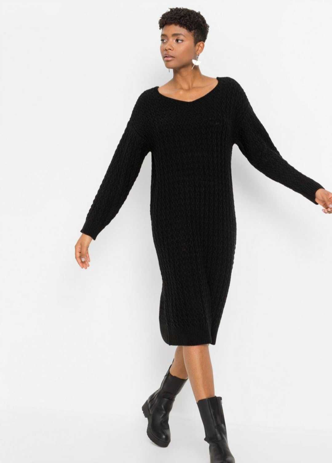 Nowa sukienka sweterkowa dzianinowa czarna pleciona długi sweter 34 xs