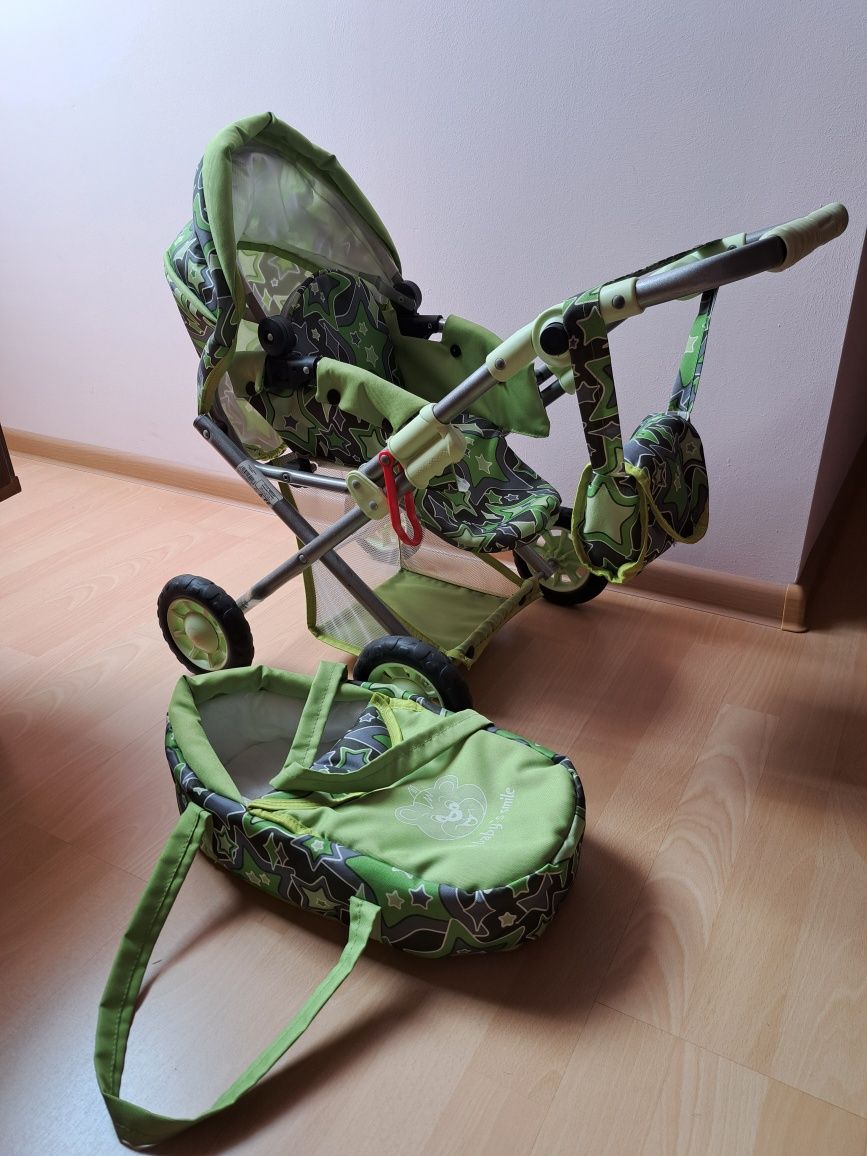 Zielony wózek dla lalek "A Baby's Smile" – wyjmowane nosidełko + torba