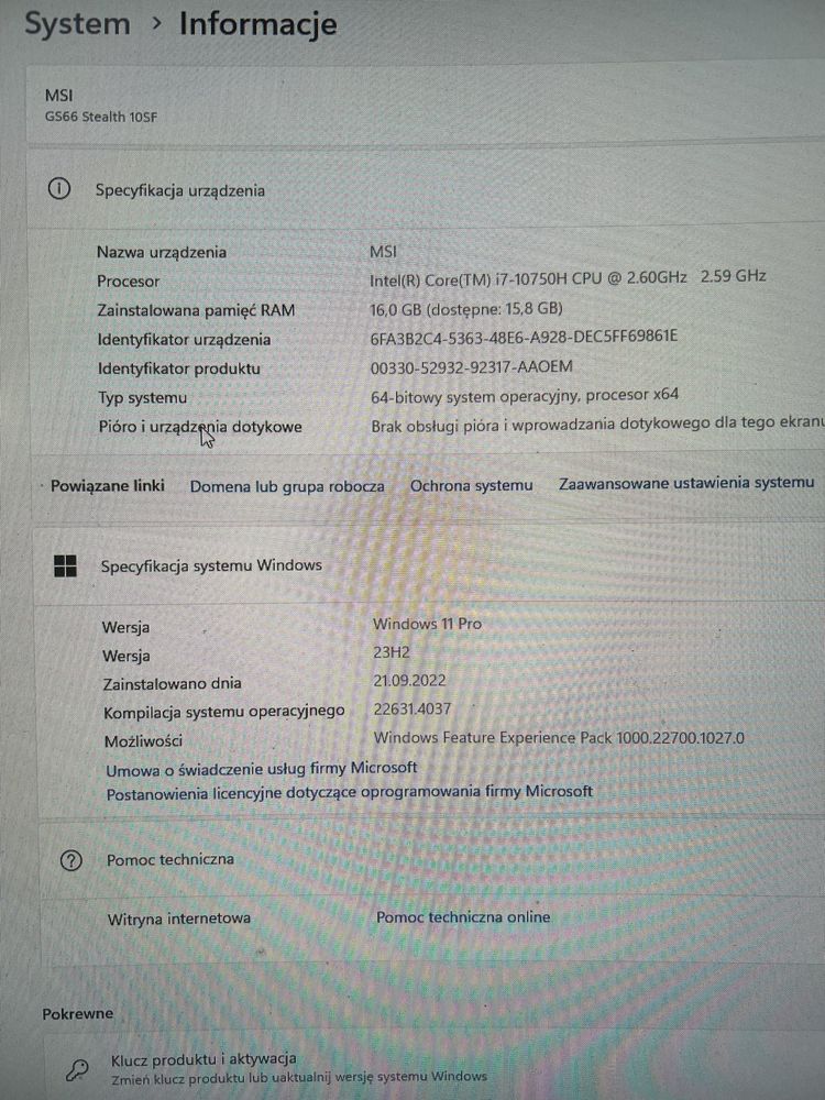 Laptop gamingowy MSI GS66 Stealth 10SF, i7, GF 2070