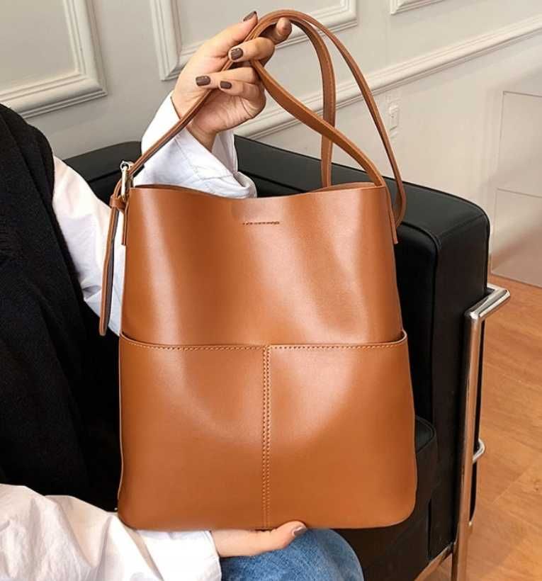 Torebka Damska Torba na Ramię Brązowa Pojemna Shopper A4 Eko Skóra