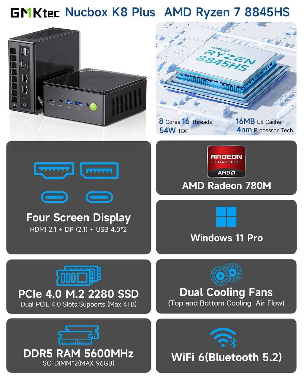 Mini PC GMKtec K8 PLUS AMD Ryzen 7 8845HS 8x 5.1 Ghz DDR5 WiFi6/BT5.2