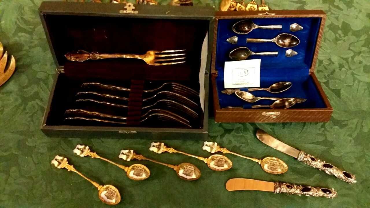 Мельхиоровый набор,ложки,вилки,ножи,бронза,олово,Роза,Златоуст.
