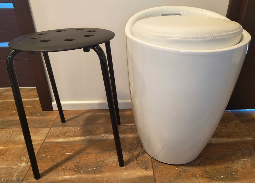 Nowy Zestaw Biała Pufa-Kosz Wenko + Czarny Stołek-Taboret Marius
