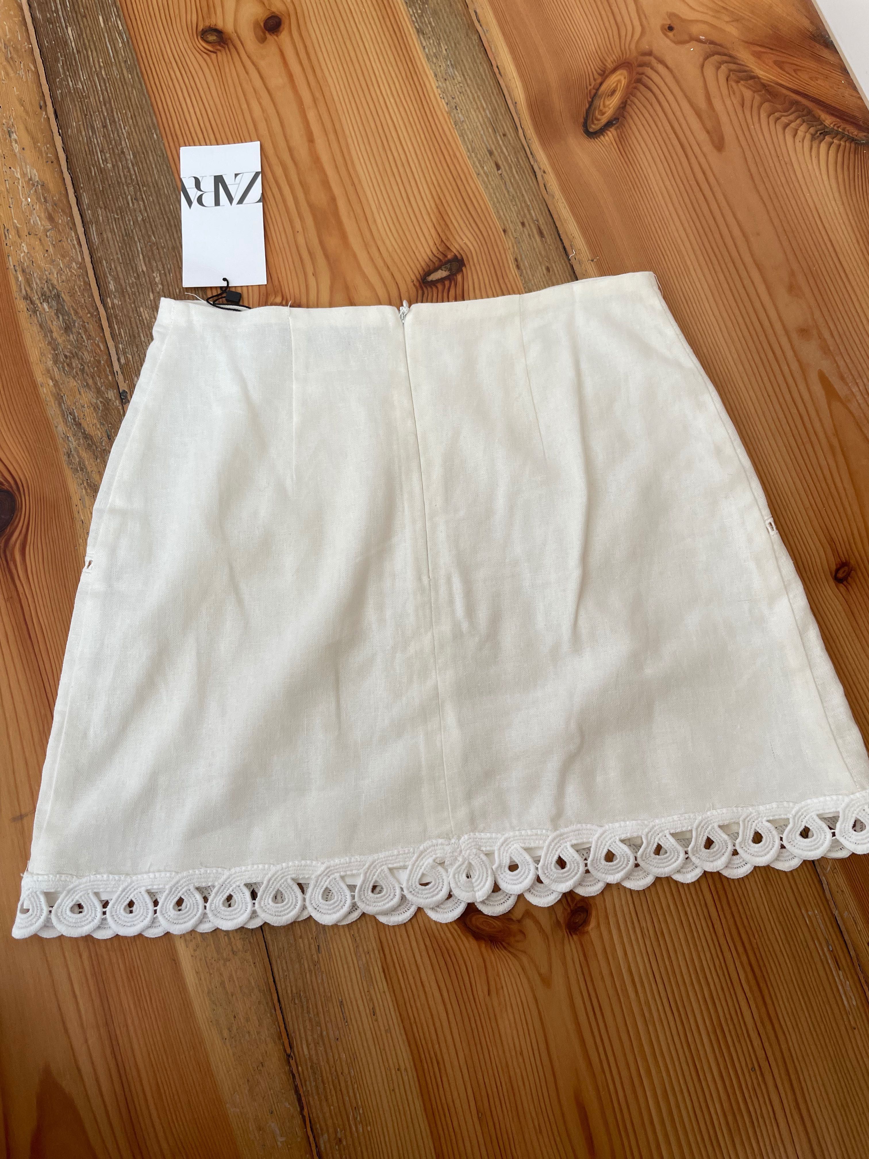 Zara kremowa spódniczka mini zdobiona hafty len