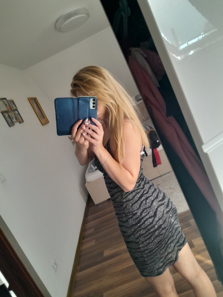 Sukienka sylwester cekiny lejacy dekolt zebra s m sexy osiemnastka