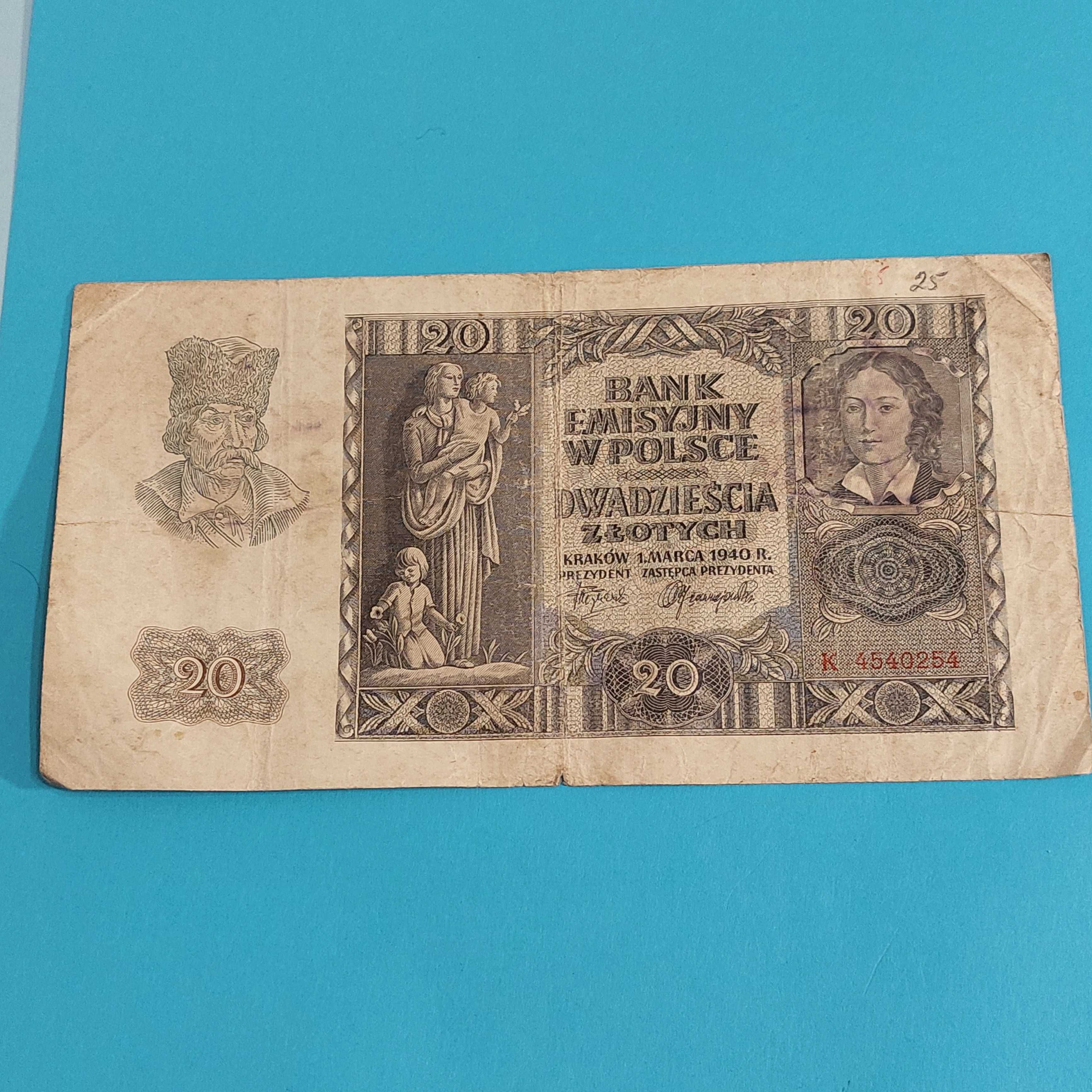 Банкнота,  бона, бон, 20 злотых, zlotych 1940