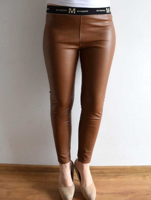 Brązowe legginsy damskie z eko skóry brązowe 38 m s wysoki stan