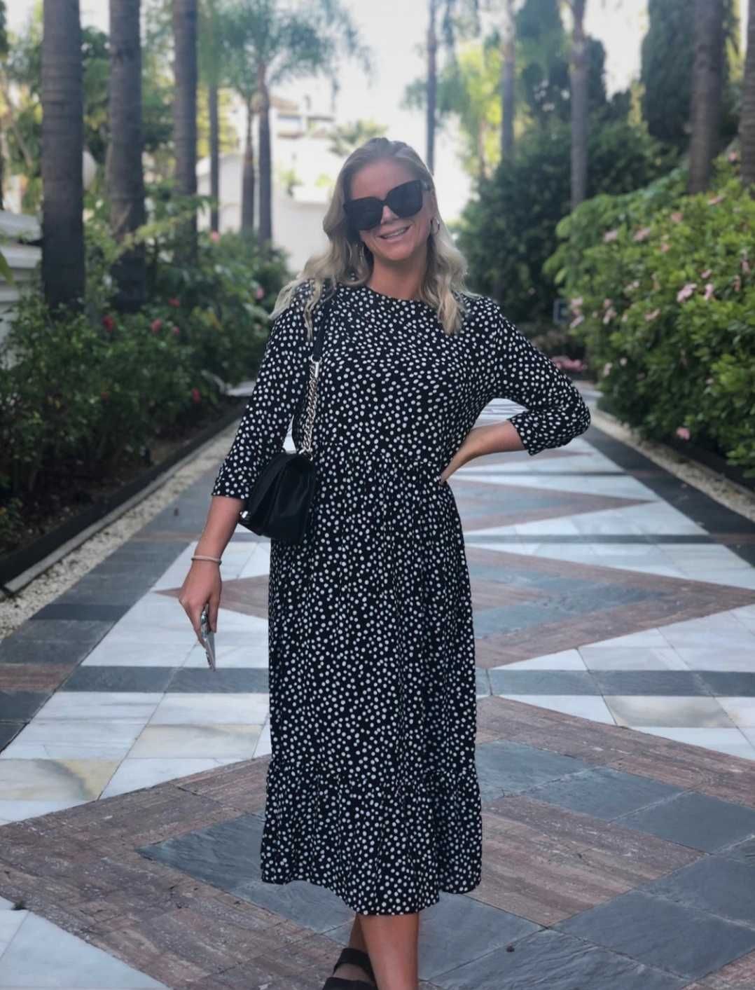Zara czarna maxi MIDI sukienka w grochy kropki falbany wiskoza S